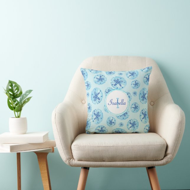 Aqua-teal blue sand dollar-custom monogram-name throw pillow (Chair)