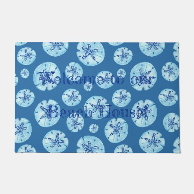 Aqua-teal blue sand dollar watercolor-custom doormat (Front)