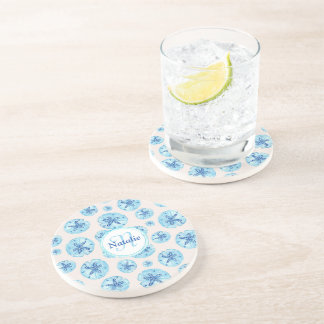 Aqua teal-blue sand dollar watercolor custom name coaster