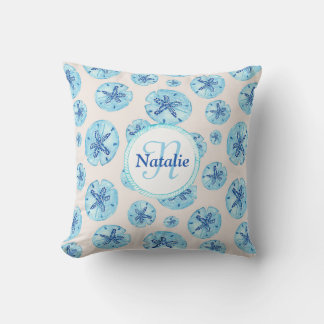Aqua teal-blue sand dollar watercolor custom name throw pillow