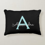 Aqua Teal Blue Script Girly Monogram Name Accent Pillow<br><div class="desc">Black and Aqua Teal Blue Script Monogram Name and Initial Pillow. The pillow makes the perfect sweet 16 birthday,  wedding,  bridal shower,  baby shower or bachelorette party gift for someone decorating her room in rose gold.</div>