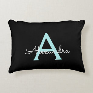 Aqua Teal Blue Script Girly Monogram Name Accent Pillow