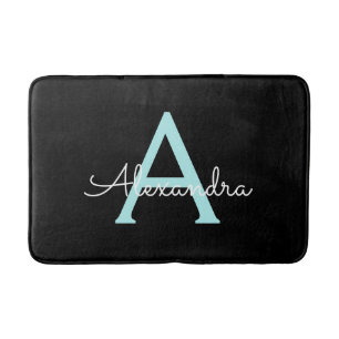 Aqua Teal Blue Script Girly Monogram Name Bath Mat