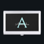 Aqua Teal Blue Script Girly Monogram Name Business Card Holder<br><div class="desc">Black and Aqua Blue Teal Simple Script Monogram Name Business Card Holder. This makes the perfect sweet 16 birthday,  wedding,  bridal shower,  anniversary,  baby shower or bachelorette party gift for someone that loves glam luxury and chic styles.</div>