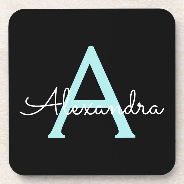 Aqua Teal Blue Script Girly Monogram Name Coaster (Front)