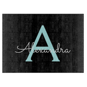 Aqua Teal Blue Script Girly Monogram Name Cutting Board