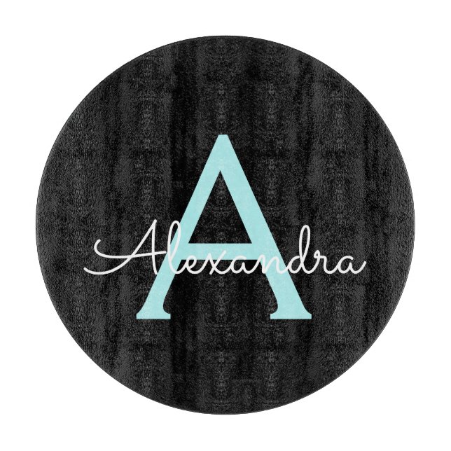 Aqua Teal Blue Script Girly Monogram Name Cutting Board (Front)