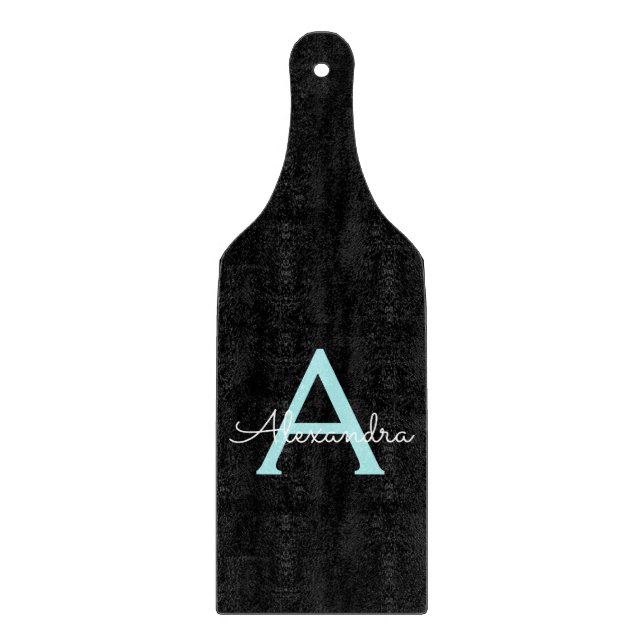 Aqua Teal Blue Script Girly Monogram Name Cutting Board (Front)