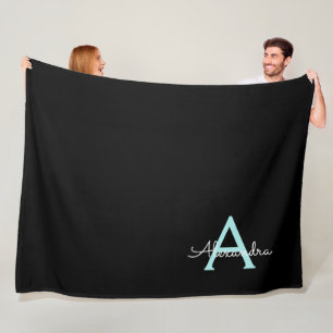 Aqua Teal Blue Script Girly Monogram Name Fleece Blanket