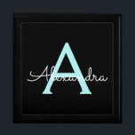 Aqua Teal Blue Script Girly Monogram Name Gift Box<br><div class="desc">Black and Aqua Blue Teal Simple script Monogram Name Jewellery Keepsake Box. This makes the perfect graduation,  birthday,  wedding,  bridal shower,  anniversary,  baby shower or bachelorette party gift for someone that loves glam luxury and chic styles.</div>