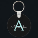 Aqua Teal Blue Script Girly Monogram Name Keychain<br><div class="desc">Black and Aqua Teal Blue Simple Script Monogram Name Keychains (Key Chain). This makes the perfect sweet 16 birthday,  wedding,  bridal shower,  anniversary,  baby shower or bachelorette party gift for someone that loves glam luxury and chic styles.</div>
