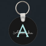 Aqua Teal Blue Script Girly Monogram Name Keychain<br><div class="desc">Black and Aqua Teal Blue Simple Script Monogram Name Keychains (Key Chain). This makes the perfect sweet 16 birthday,  wedding,  bridal shower,  anniversary,  baby shower or bachelorette party gift for someone that loves glam luxury and chic styles.</div>