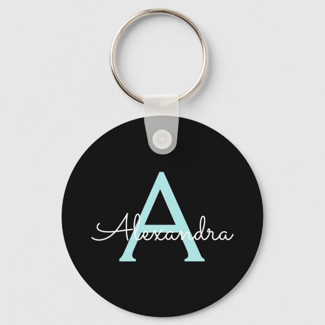 Aqua Teal Blue Script Girly Monogram Name Keychain (Front)