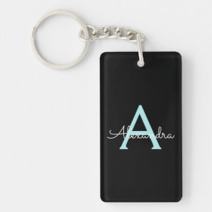 Aqua Teal Blue Script Girly Monogram Name Keychain