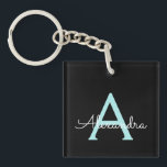 Aqua Teal Blue Script Girly Monogram Name Keychain<br><div class="desc">Black and Aqua Blue Teal Simple Script Monogram Name Keychain. This makes the perfect sweet 16 birthday,  wedding,  bridal shower,  anniversary,  baby shower or bachelorette party gift for someone that loves glam luxury and chic styles.</div>