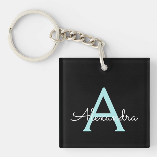 Aqua Teal Blue Script Girly Monogram Name Keychain (Front)