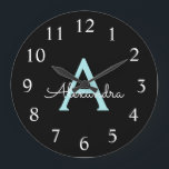 Aqua Teal Blue Script Girly Monogram Name Large Clock<br><div class="desc">Aqua Teal Blue and Gold Simple Script Monogram Name Clock. This makes the perfect sweet 16 birthday,  wedding,  bridal shower,  anniversary,  baby shower or bachelorette party gift for someone that loves glam luxury and chic styles.</div>