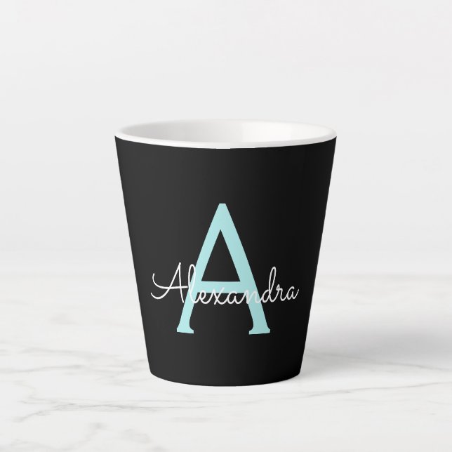 Aqua Teal Blue Script Girly Monogram Name Latte Mug (Front)