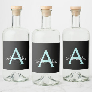 Aqua Teal Blue Script Girly Monogram Name Liquor Bottle Label