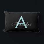Aqua Teal Blue Script Girly Monogram Name Lumbar Pillow<br><div class="desc">Aqua Teal Blue and Black Monogram Add Your Own Name Lumbar Pillow. This makes the perfect sweet 16 birthday,  wedding,  bridal shower,  anniversary,  baby shower or bachelorette party gift for someone that loves glam luxury and chic styles.</div>