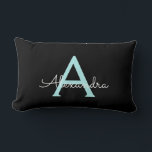 Aqua Teal Blue Script Girly Monogram Name Lumbar Pillow<br><div class="desc">Aqua Teal Blue and Black Monogram Add Your Own Name Lumbar Pillow. This makes the perfect sweet 16 birthday,  wedding,  bridal shower,  anniversary,  baby shower or bachelorette party gift for someone that loves glam luxury and chic styles.</div>