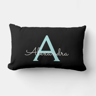 Aqua Teal Blue Script Girly Monogram Name Lumbar Pillow