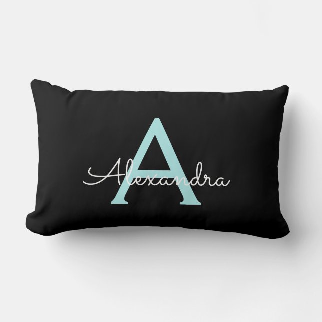 Aqua Teal Blue Script Girly Monogram Name Lumbar Pillow (Front)