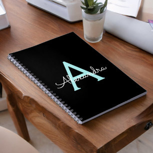 Aqua Teal Blue Script Girly Monogram Name Notebook