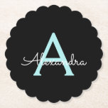 Aqua Teal Blue Script Girly Monogram Name Paper Coaster<br><div class="desc">Black and Aqua Teal Blue Simple Script Monogram Name Paper Coasters. This makes the perfect graduation,  birthday,  wedding,  bridal shower,  anniversary,  baby shower or bachelorette party gift for someone that loves glam luxury and chic styles.</div>