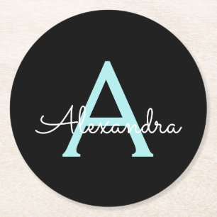 Aqua Teal Blue Script Girly Monogram Name Round Paper Coaster