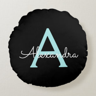 Aqua Teal Blue Script Girly Monogram Name Round Pillow