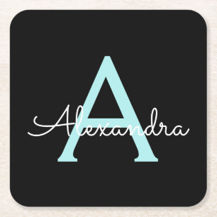 Aqua Teal Blue Script Girly Monogram Name Square Paper Coaster