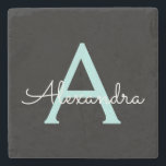Aqua Teal Blue Script Girly Monogram Name Stone Coaster<br><div class="desc">Black and Aqua Teal Blue Simple Script Monogram Name Stone Tile. This makes the perfect graduation,  sweet 16 birthday,  wedding,  bridal shower,  anniversary,  baby shower or bachelorette party gift for someone that loves glam luxury and chic styles.</div>