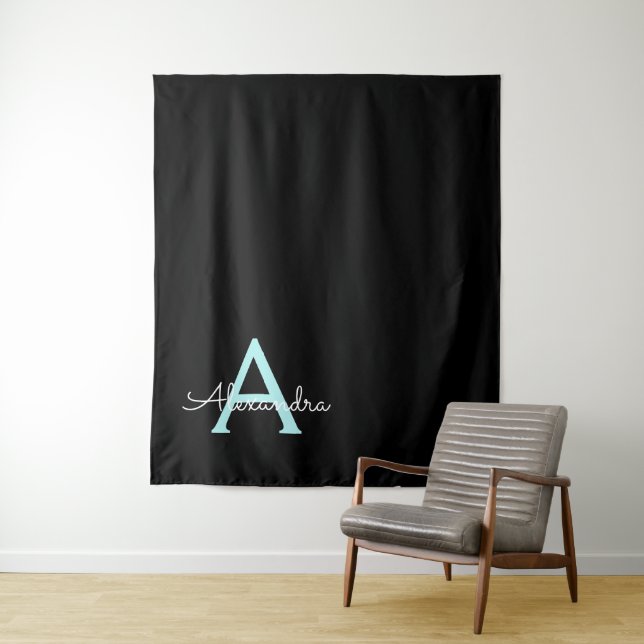 Aqua Teal Blue Script Girly Monogram Name Tapestry (In Situ)