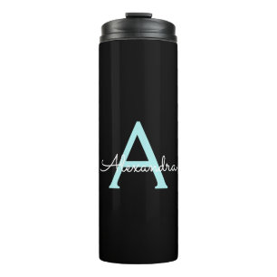 Aqua Teal Blue Script Girly Monogram Name Thermal Tumbler