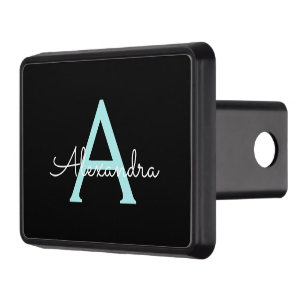 Aqua Teal Blue Script Girly Monogram Name Trailer Hitch Cover
