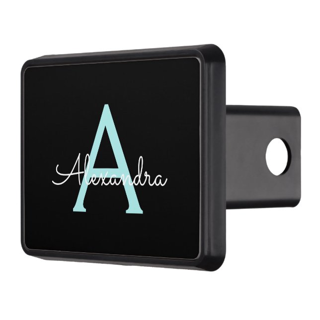 Aqua Teal Blue Script Girly Monogram Name Trailer Hitch Cover (Left)