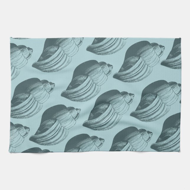 Aqua Teal Blue Sea Shells Kitchen Towel (Horizontal)
