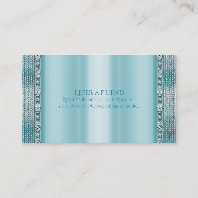 Aqua Teal Blue & Silver Diamond Bling Refer Friend Referral Card (Front)