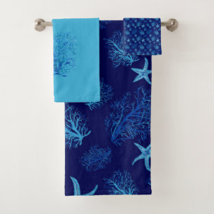 Aqua-teal blue starfish-coral watercolor design bath towel set