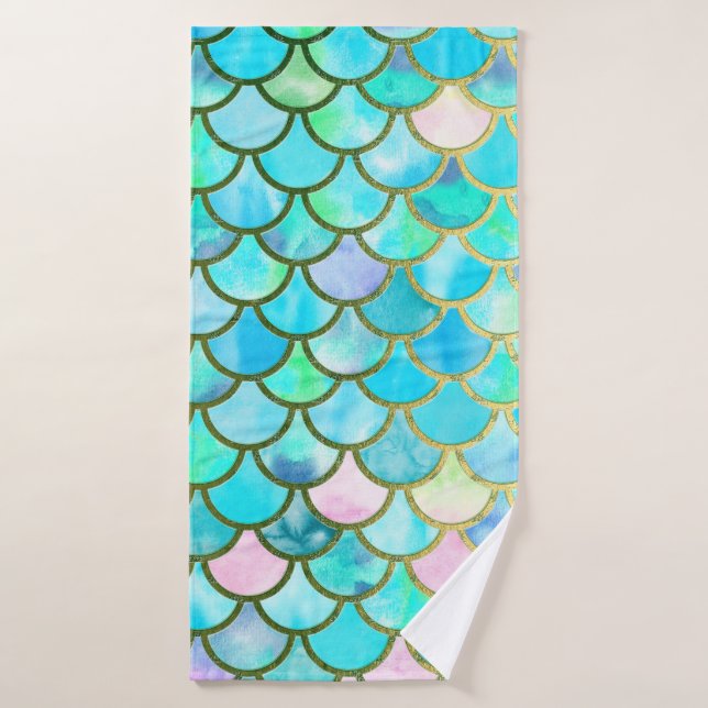 Aqua Teal Blue Watercolor Mermaid Scales Pattern Bath Towel (Bath Towel)