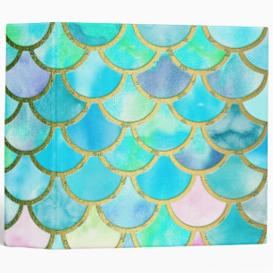 Aqua Teal Blue Watercolor Mermaid Scales Pattern Binder