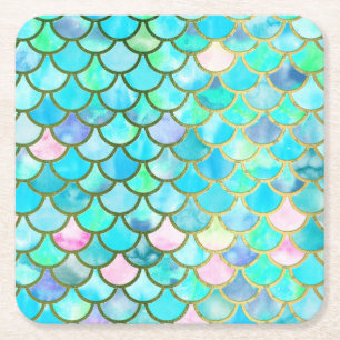 Aqua Teal Blue Watercolor Mermaid Scales Pattern Square Paper Coaster