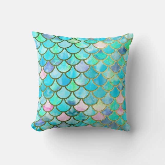 Aqua Teal Blue Watercolor Mermaid Scales Pattern Throw Pillow (Front)