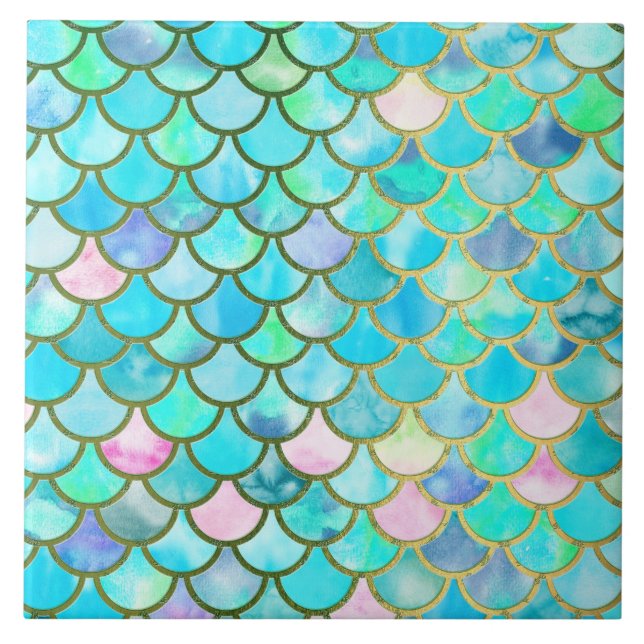 Aqua Teal Blue Watercolor Mermaid Scales Pattern Tile (Front)