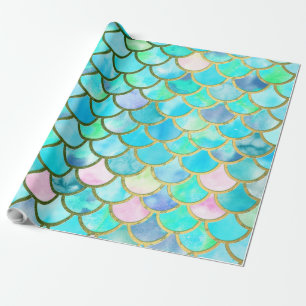Aqua Teal Blue Watercolor Mermaid Scales Pattern Wrapping Paper