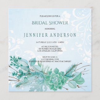 Aqua Teal Blue Watercolor Succulent Bridal Shower Invitation