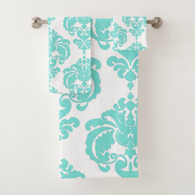 Aqua Teal Blue & White Royal Glam Damask Bath Towel Set (Insitu)