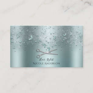 Aqua Teal Butterflies Silver Scissors Stylist Business Card