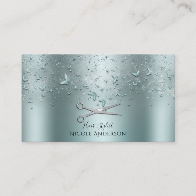 Aqua Teal Butterflies Silver Scissors Stylist Business Card (Front)